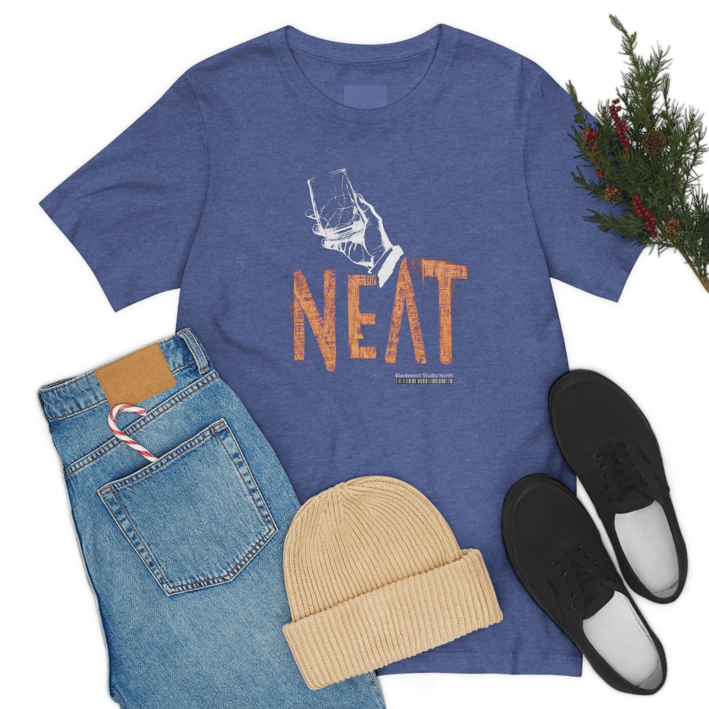 "Neat" with Hand Holding Bourbon Glass Graphic Apparel | Unisex Jersey Short Sleeve T-shirt