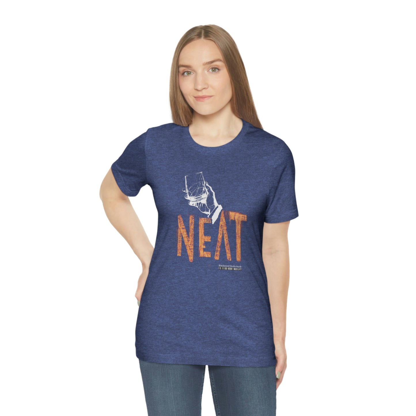 "Neat" with Hand Holding Bourbon Glass Graphic Apparel | Unisex Jersey Short Sleeve T-shirt