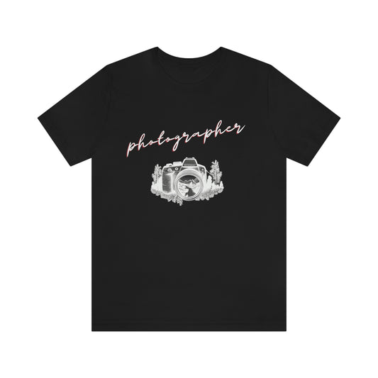 Photographer with Camera, Nature Setting - For the Nature Photographer Enthusiast | Graphic Apparel | Unisex Jersey Short Sleeve T-shirt